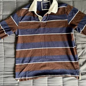 L.L.bean long sleeve polo brown blue and white stripes pattern.